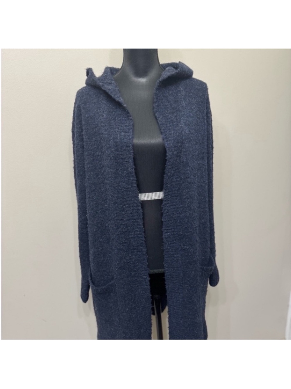 Max Studio Women’s Navy Cozy Hooded Open-Front Sweater Cardigan L